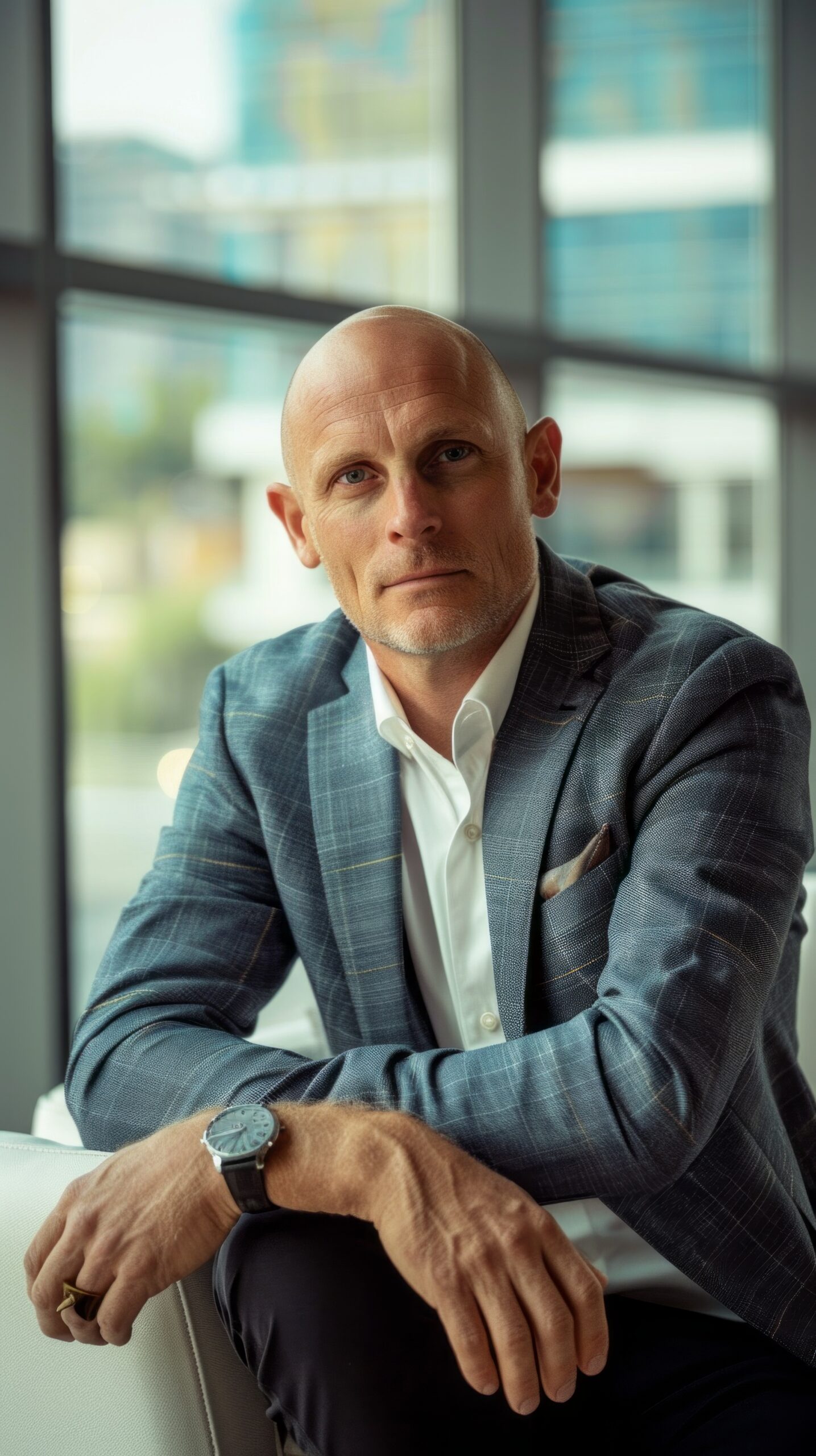 A man in a suit and tie sits on a couch with his hands on his lap. He is wearing a watch and has a bald head. Concept of professionalism and formality